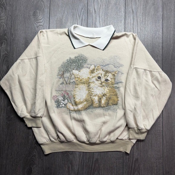 Vintage Tops - Vintage Kitten Cat Graphic Medium Collared Sweatshirt Beige Preppy Cottagecore